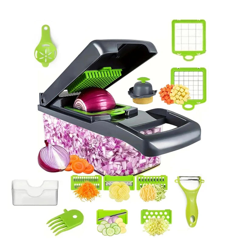 ChopMate Pro vegetable chopper with various attachments on a white background